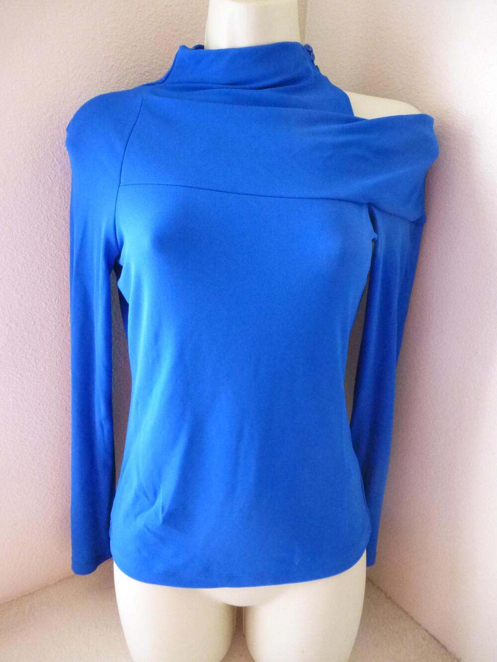 Reiss Shirt Womens XS Blue Asymmetric One Shoulder Mock Neck Cutout Long Sleeve